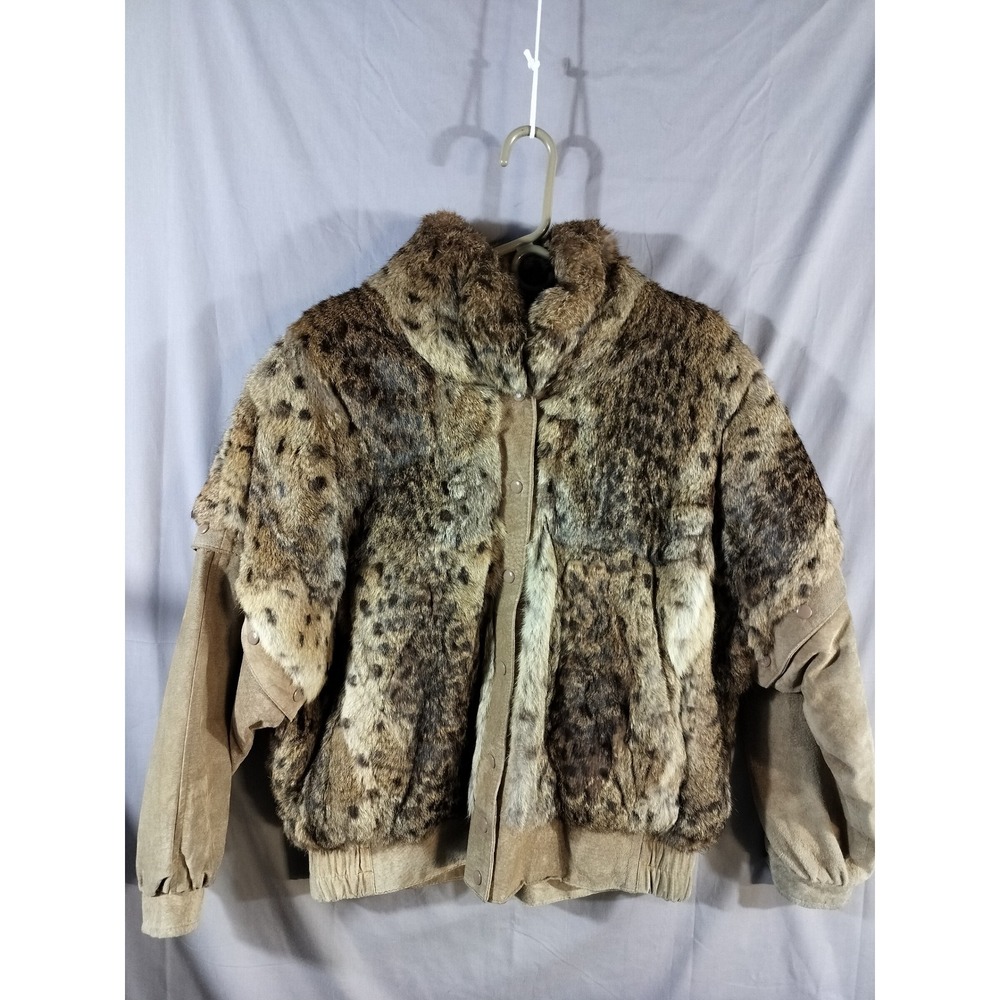 Vintage 70s / 80s Rabbit Fur Suede Bomber Jacket Women M Leopard Print Hong Kong